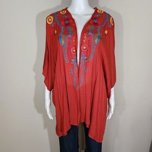 (EUC) ALTER'D STATE Boho Red Floral Embroidered Poncho Kimono (S/M)